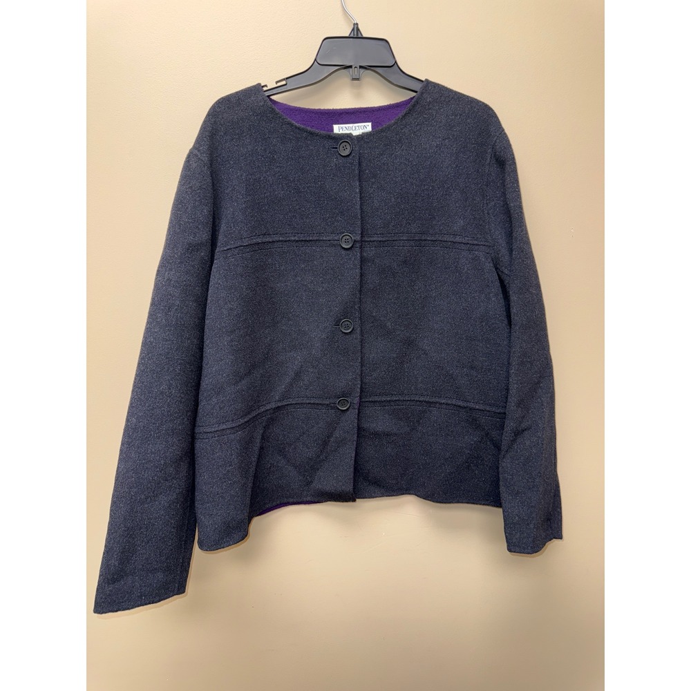 Pendleton Womens XL Merino Wool Jacket Gray Purple Button Front Collarless Coat